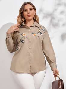 SHEIN Clasi Blusa de hombros caídos con bordado floral con botón tapeta - Albaricoque - Ver 1