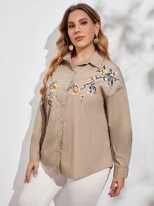 SHEIN Clasi Blusa de hombros caídos con bordado floral con botón tapeta - Albaricoque - Ver 3