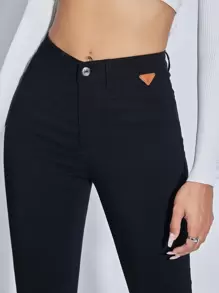 SHEIN ChicEase 女士休闲纯色修身长裤，秋季 - 黑色 - 查看 5