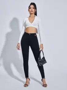 SHEIN ChicEase 女士休闲纯色修身长裤，秋季 - 黑色 - 查看 6
