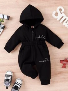 Baby Heart Print Slant Pockets Hooded Jumpsuit - Black - View 1