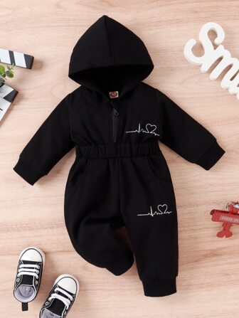 Baby Heart Print Slant Pockets Hooded Jumpsuit