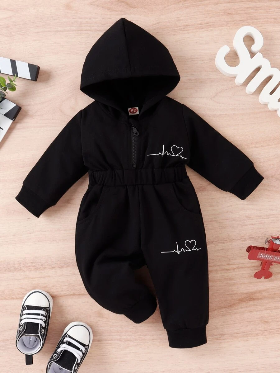 Baby Heart Print Slant Pockets Hooded Jumpsuit - Black - View 1