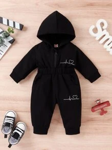 Baby Heart Print Slant Pockets Hooded Jumpsuit - Black - View 3