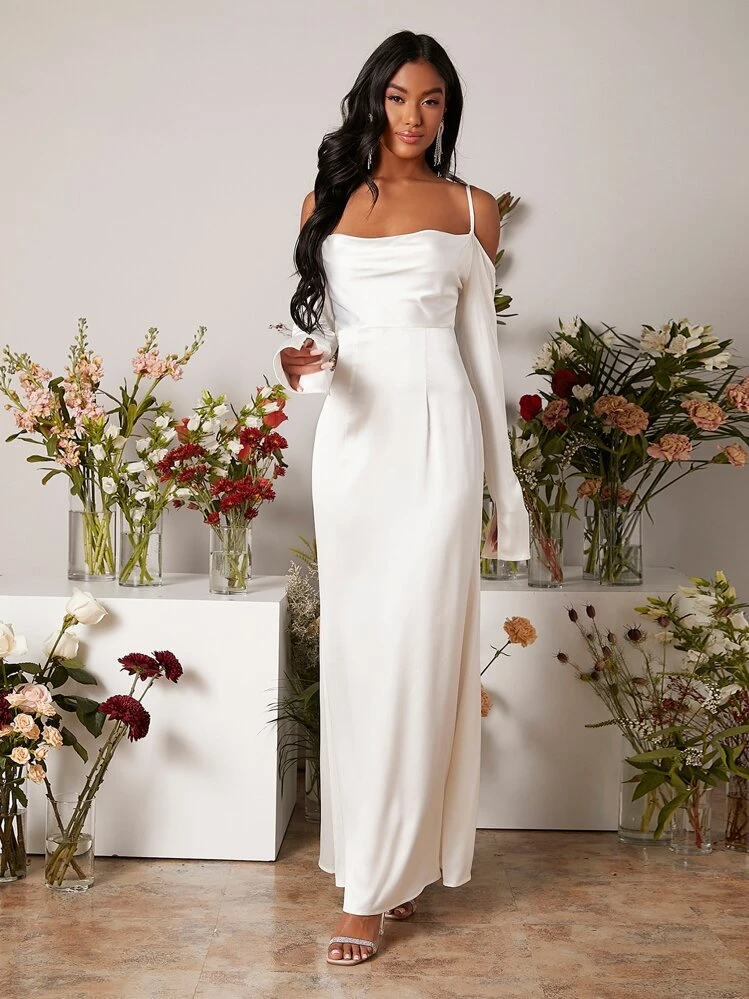 Draped shoulder wedding dress hotsell