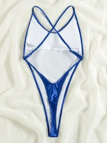 Satin High Leg One Piece Swimsuit - Royal Blue - View 2