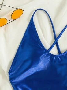 Satin High Leg One Piece Swimsuit - Royal Blue - View 5