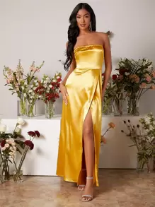 SHEIN Privé 抹胸緞面短款上衣和圍裹下擺裙子套裝 - 黃色 - 查看 3