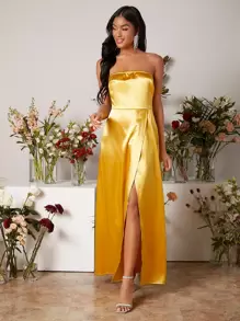 SHEIN Privé 抹胸緞面短款上衣和圍裹下擺裙子套裝 - 黃色 - 查看 4