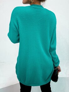 AAmilife Cárdigan con doble bolsillo tejido de cable de hombros caídos - Azul Cadete - Ver 3