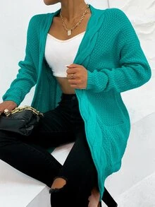 AAmilife Cárdigan con doble bolsillo tejido de cable de hombros caídos - Azul Cadete - Ver 6