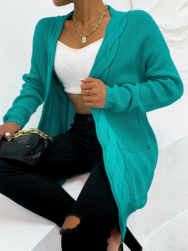 AAmilife Cárdigan con doble bolsillo tejido de cable de hombros caídos - Azul Cadete - Añade 5