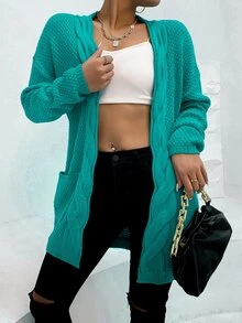 AAmilife Cárdigan con doble bolsillo tejido de cable de hombros caídos - Azul Cadete - Ver 8