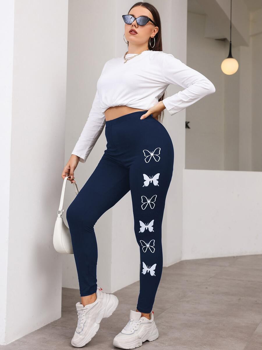 Flirla 大碼蝴蝶圖案緊身打底褲 - 藏蓝色 - 查看 1