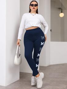 Flirla 大碼蝴蝶圖案緊身打底褲 - 藏蓝色 - 查看 3