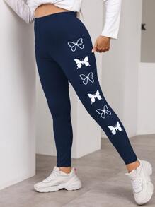 Flirla 大碼蝴蝶圖案緊身打底褲 - 藏蓝色 - 查看 4