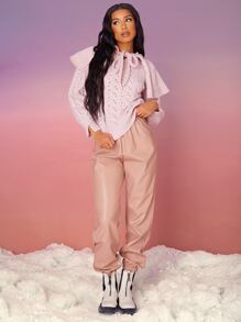 SHEIN Jersey con diseño fruncido de cuello con cordón de punto de malla - Rosa Pálido - Ver 2