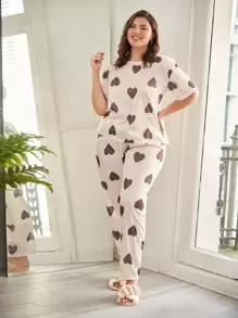 Plus Heart Print Tee & Trousers With Eye Cover - Apricot - View 1