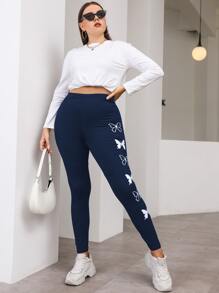 Flirla 大碼蝴蝶圖案緊身打底褲 - 藏蓝色 - 查看 6