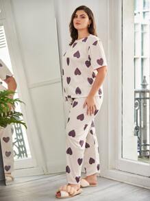 Plus Heart Print Tee & Trousers With Eye Cover - Apricot - View 3