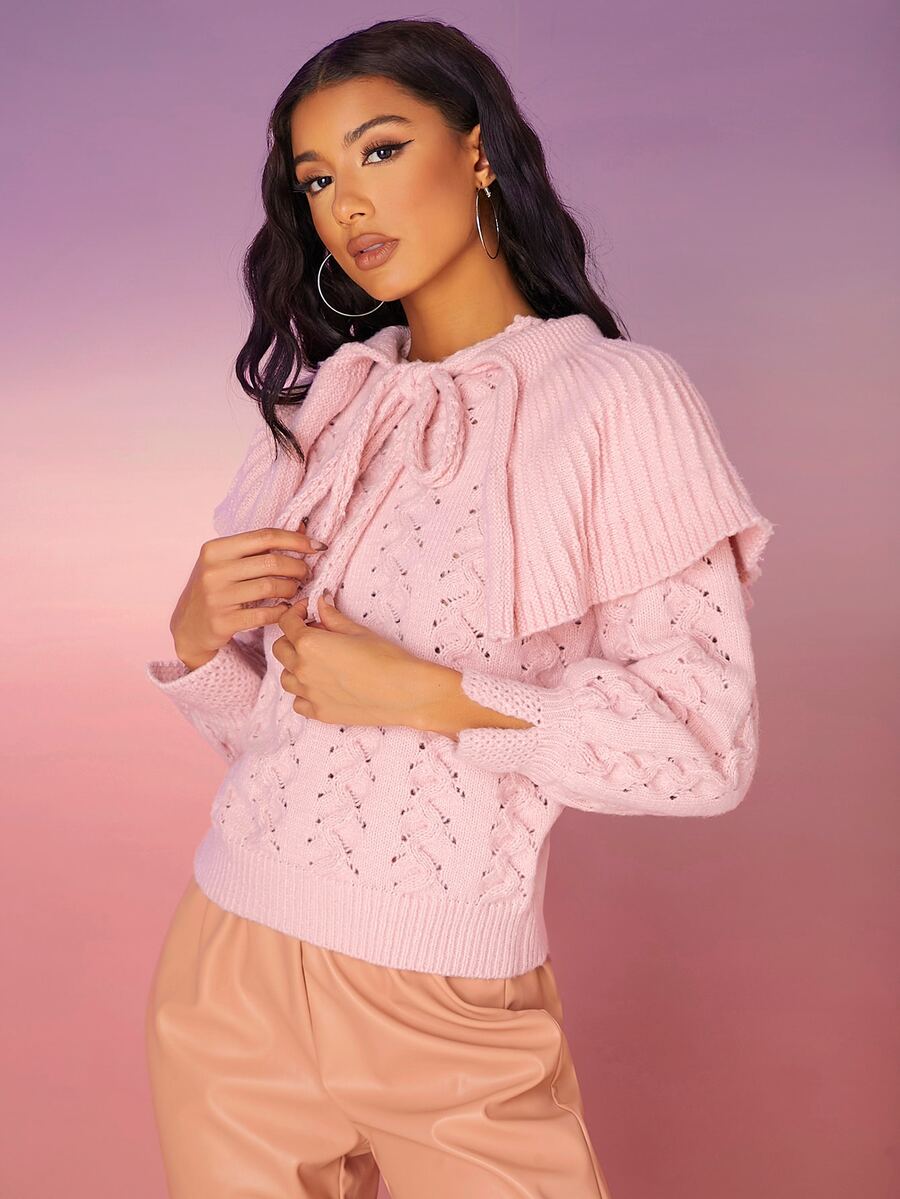 SHEIN Jersey con diseño fruncido de cuello con cordón de punto de malla - Rosa Pálido - Ver 1