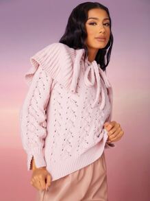 SHEIN Jersey con diseño fruncido de cuello con cordón de punto de malla - Rosa Pálido - Ver 4