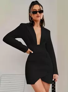 BizChic Plunge Neck Asymmetrical Hem Dress - Black - View 1