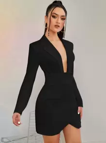 BizChic Plunge Neck Asymmetrical Hem Dress - Black - View 3