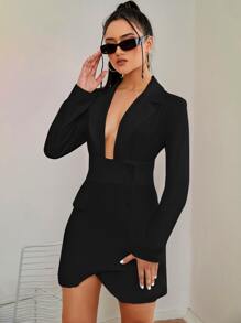 BizChic Plunge Neck Asymmetrical Hem Dress - Black - View 5