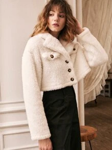 SHEIN Abrigo con botón corto de peluche - Blanco - Ver 3