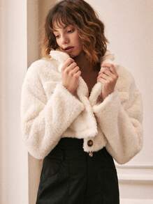 SHEIN Abrigo con botón corto de peluche - Blanco - Ver 4