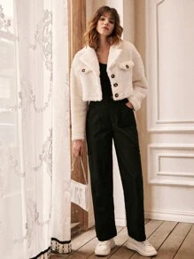 SHEIN Abrigo con botón corto de peluche - Blanco - Ver 5