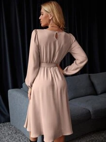 Chiquease Lantern Sleeve Keyhole Back Belted Satin Dress Maxi Women Outfit - Apricot - View 2