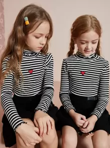 Girls 1pc Striped Print Heart Embroidery Lettuce Trim Tee