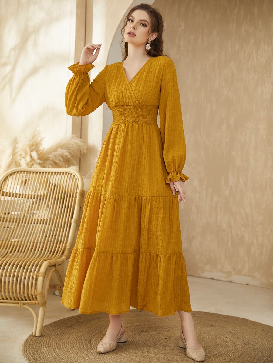 Modelyn Flounce Sleeve Shirred Waist Ruffle Hem Dress - Yellow - View 1