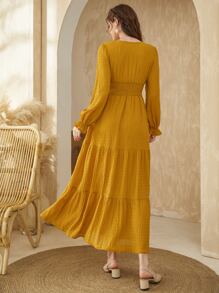 Modelyn Flounce Sleeve Shirred Waist Ruffle Hem Dress - Yellow - View 2