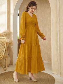 Modelyn Flounce Sleeve Shirred Waist Ruffle Hem Dress - Yellow - View 3