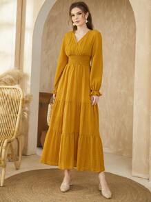 Modelyn Flounce Sleeve Shirred Waist Ruffle Hem Dress - Yellow - View 4