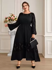 Modelyn Đầm Plus Size Tương phản Mesh màu trơn Thanh lịch - màu đen - Xem 1