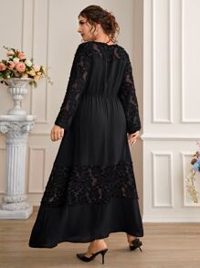 Modelyn Đầm Plus Size Tương phản Mesh màu trơn Thanh lịch - màu đen - Xem 2