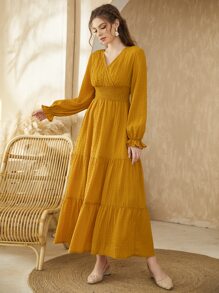 Modelyn Flounce Sleeve Shirred Waist Ruffle Hem Dress - Yellow - View 6