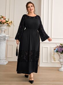 Modelyn Đầm Plus Size Tương phản Mesh màu trơn Thanh lịch - màu đen - Xem 3