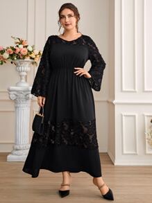 Modelyn Đầm Plus Size Tương phản Mesh màu trơn Thanh lịch - màu đen - Xem 4