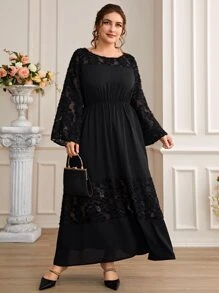 Modelyn Đầm Plus Size Tương phản Mesh màu trơn Thanh lịch - màu đen - Xem 7