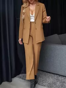 Calvaya Áo khoác Blazer một hàng khuy & Quần may đo chi tiết đường may - Màu Khaki - Xem 4