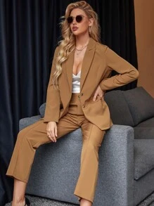 Calvaya Áo khoác Blazer một hàng khuy & Quần may đo chi tiết đường may - Màu Khaki - Xem 7