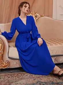 Modelyn Solid Surplice Neck Belted Dress - Royal Blue - View 3