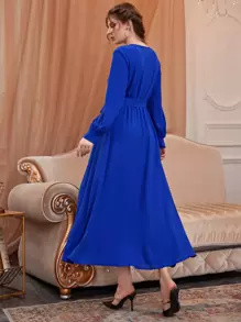 Modelyn Solid Surplice Neck Belted Dress - Royal Blue - View 2