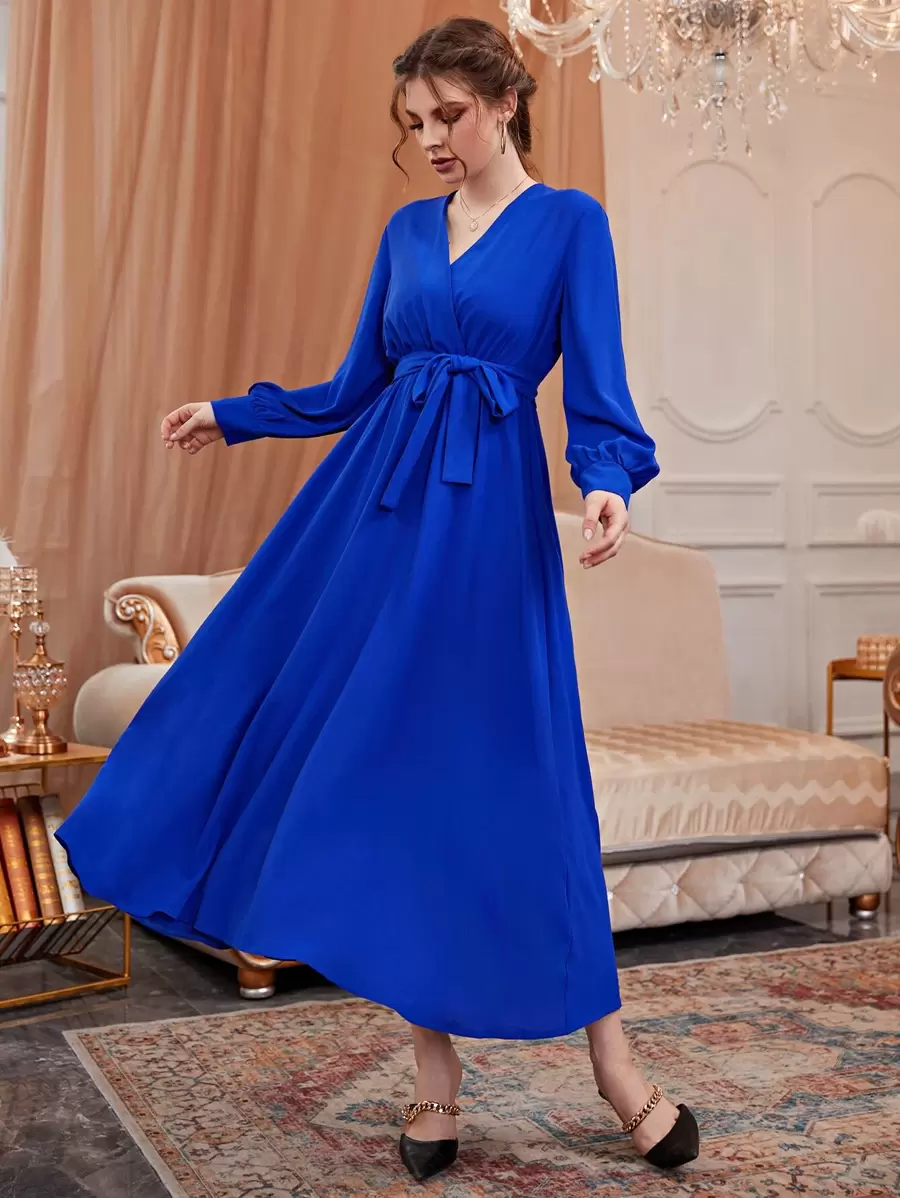 Modelyn Solid Surplice Neck Belted Dress - Royal Blue - View 1