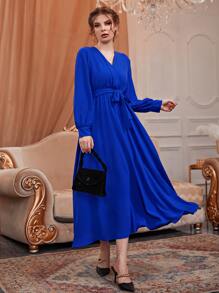 Modelyn Solid Surplice Neck Belted Dress - Royal Blue - View 4